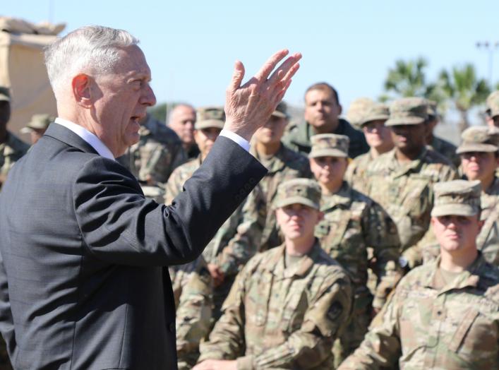 James Mattis, U.S. Secretary of Defense, speaks with troops from the 56th Multifunctional Medical Battalion, 62nd Medical Brigade at Base Camp Donna in Donna, Texas, U.S., November 14, 2018. Master Sgt. Jacob Caldwel/U.S. Army/Handout via REUTERS