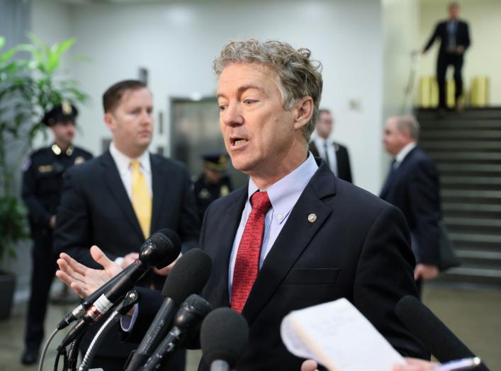 U.S. Senator Rand Paul (R-KY) speaks to reporters outside of attending a closed-door briefing, on the death of the journalist Jamal Khashoggi, by Central Intelligence Agency (CIA) Director Gina Haspel at the U.S. Capitol in Washington, U.S.