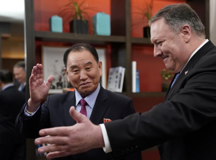 U.S. Secretary of State Mike Pompeo stands with Vice Chairman of the North Korean Workers' Party Committee Kim Yong Chol, North Korea's lead negotiator in nuclear diplomacy with the United States, for talks aimed at clearing the way for a second U.S.-Nort