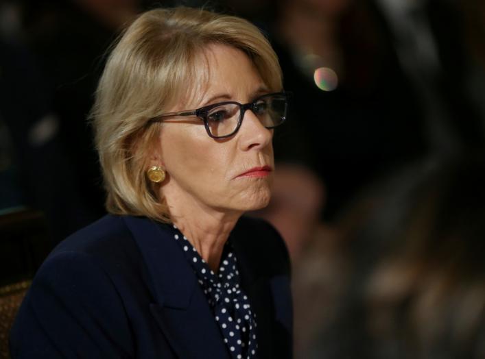 U.S. Education Secretary Betsy DeVos participates in an interagency working group to discuss youth programs hosted by U.S. first lady Melania Trump that line up with Melania Trump's Be Best campaign in the State Dining Room at the White House