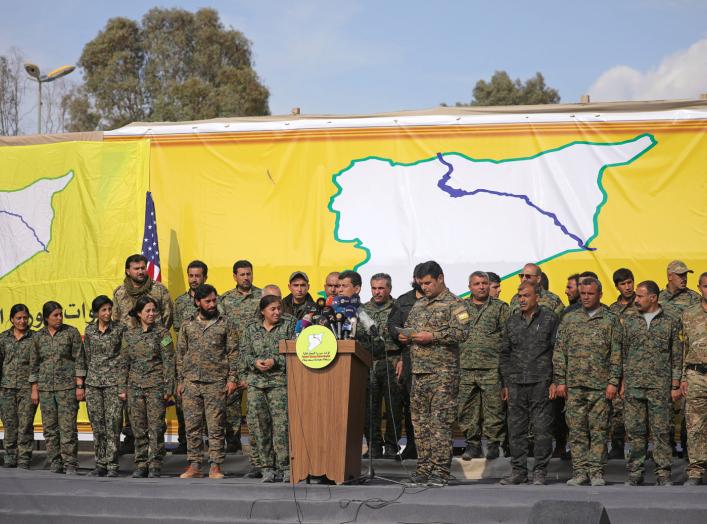 Mazloum Kobani, Syrian Democratic Forces' (SDF) commander in chief, talks as he announces the destruction of Islamic State's control of land in eastern Syria, at al-Omar oil field in Deir Al Zor, Syria March 23, 2019.