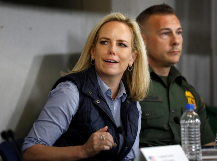 Homeland Security Secretary Kirstjen Nielsen speaks during a border security briefing held for U.S. President Donald Trump near the US-Mexico border in El Centro, California, U.S., April 5, 2019. Picture taken April 5, 2019. REUTERS/Kevin Lamarque