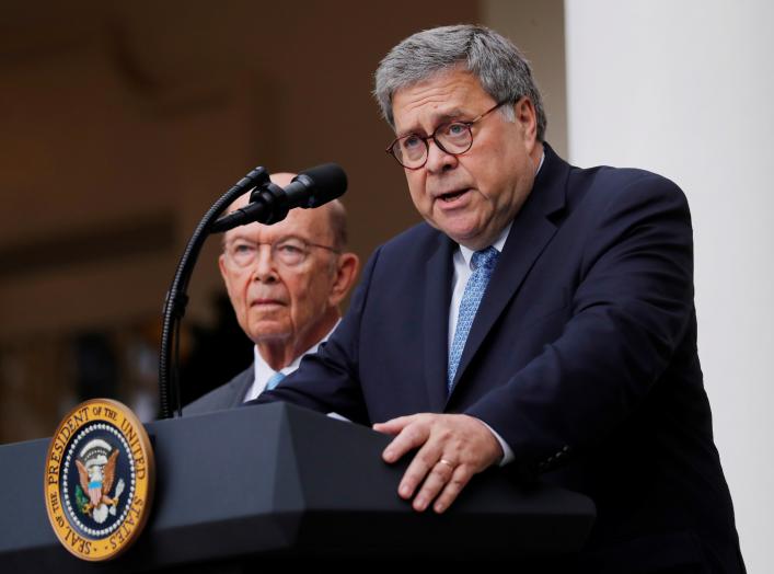 U.S. Attorney General Bill Barr describes the Trump administration's effort to gain citizenship data during the 2020 census as Commerce Secretary Wilbur Ross stands at his side during an event with the president in the Rose Garden of the White House