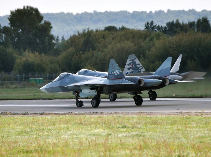 Sukhoi Su-57 fighter jets perform at the MAKS 2019 air show in Zhukovsky, outside Moscow, Russia, August 27, 2019. Sputnik/Aleksey Nikolskyi/Kremlin via REUTERS