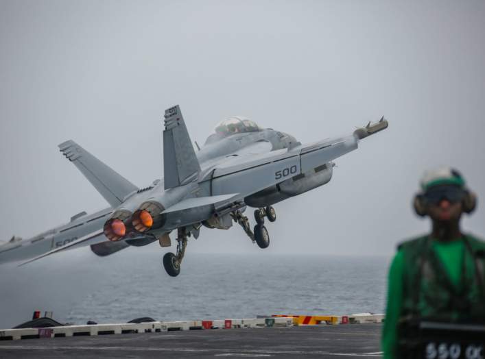 An EA-18G Growler attached to the "Patriots" of Electronic Attack Squadron (VAQ) 140 launches off the flight deck of the aircraft carrier USS Abraham Lincoln (CVN 72), in the Gulf, in this picture taken and released by U.S. Navy on August 29, 2019.