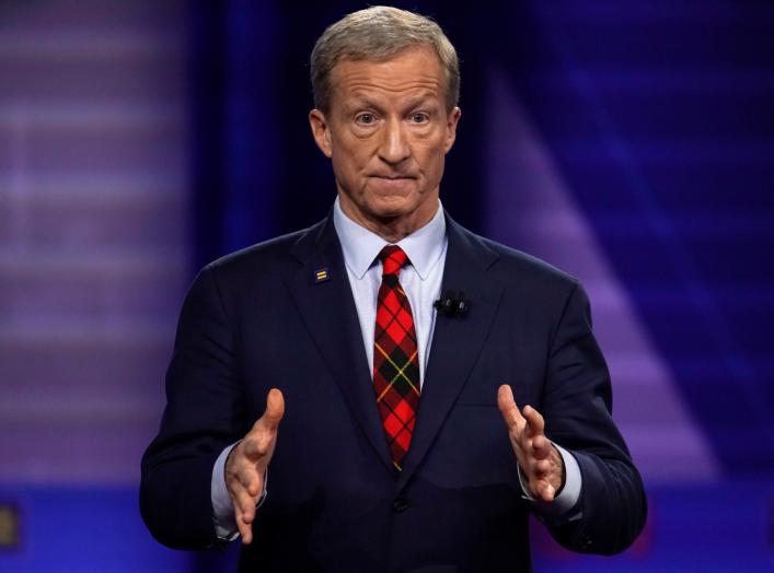 Democratic 2020 U.S. presidential candidate Tom Steyer gestures during a televised townhall on CNN dedicated to LGBTQ issues in Los Angeles, California, U.S. October 10, 2019. REUTERS/Mike Blake