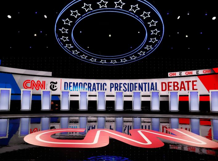 The 12 candidates' podiums stand ready before the fourth U.S. Democratic presidential candidates 2020 election debate at Otterbein University in Westerville, Ohio U.S. October 15, 2019. REUTERS/Jim Bourg