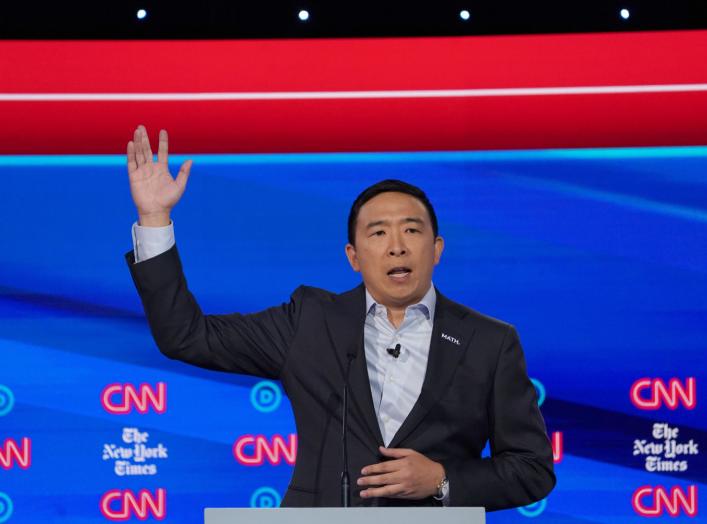 Democratic presidential candidate entrepreneur Andrew Yang speaks during the fourth U.S. Democratic presidential candidates 2020 election debate in Westerville, Ohio, U.S., October 15, 2019. REUTERS/Shannon Stapleton