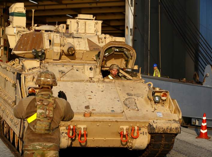 U.S. Army Bradley Cavalry Fighting Vehicle leaves ship during operation Atlantic Resolve rotation in Riga port, Latvia October 16, 2019. REUTERS/Ints Kalnins