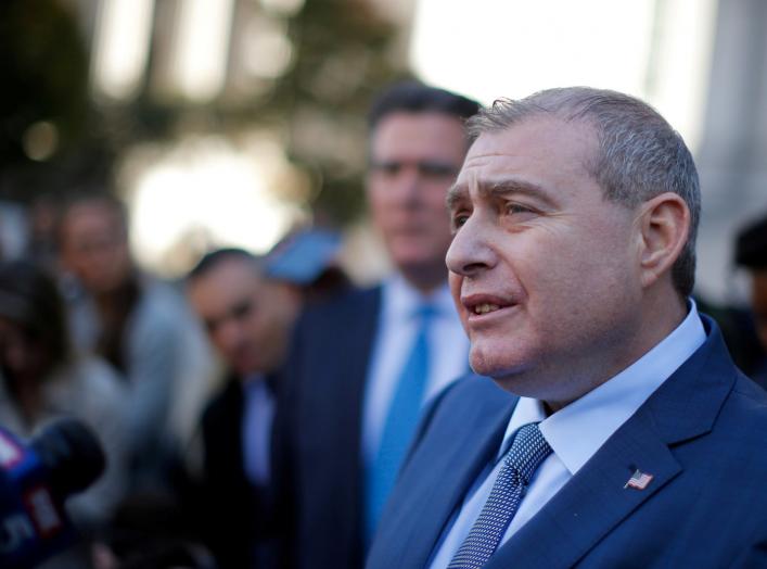 FILE PHOTO: Ukrainian-American businessman Lev Parnas speaks to media following his arraignment at the United States Courthouse in the Manhattan borough of New York City, U.S., October 23, 2019. REUTERS/Eduardo Munoz/File Photo