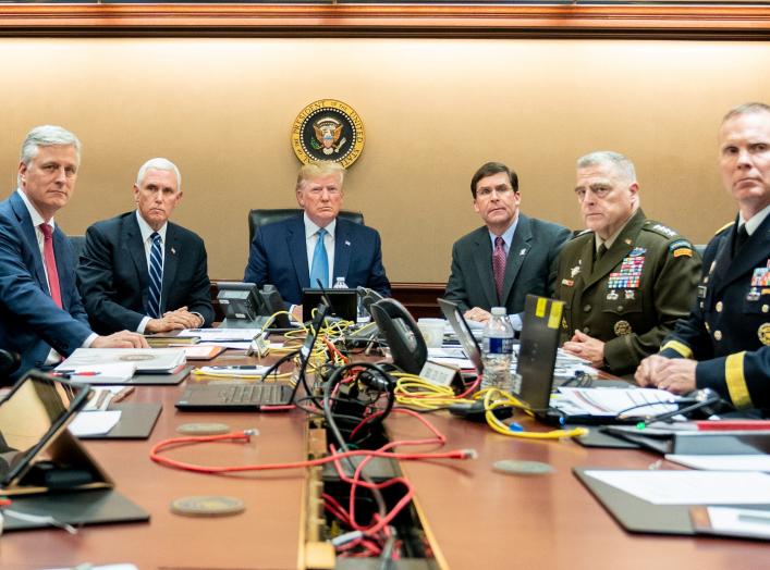 U.S. President Donald Trump, U.S. Vice President Mike Pence (2nd L), U.S. Secretary of Defense Mark Esper (3rd R), along with members of the national security team, watch as U.S. Special Operations forces close in on ISIS leader Abu Bakr al-Baghdadi