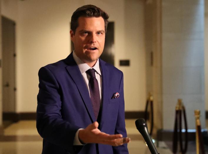 U.S. Rep. Matt Gaetz (R-FL) speaks to reporters outside the House Intelligence Committee SCIF as U.S. foreign service officer Catherine Croft, who once served as a deputy to then-Special Envoy for Ukraine Kurt Volker, testifies inside