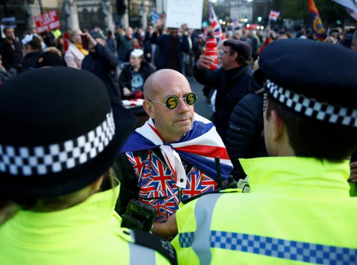 A pro-Brexit supporter is seen during a protest in Westminster, London, Britain October 31, 2019. REUTERS/Henry Nicholls
