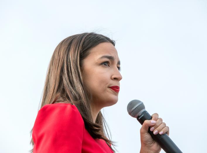 Representative Alexandria Ocasio-Cortez speaks during a campaign rally for Senator Bernie Sanders at Venice Beach in Los Angeles, California, U.S., December 21, 2019. REUTERS/Monica Almeida