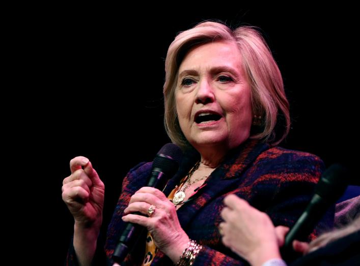 FILE PHOTO: Former U.S. Secretary of State Hillary Clinton speaks during an event promoting "The Book of Gutsy Women" at the Southbank Centre in London, Britain, November 10, 2019. REUTERS/Simon Dawson/File Photo