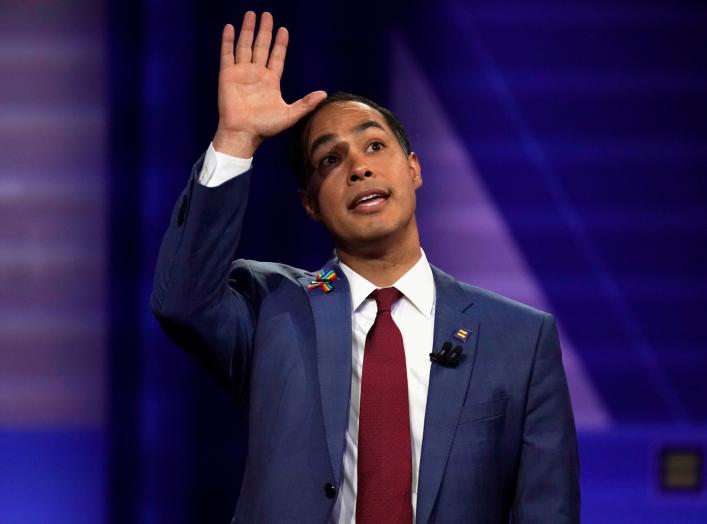 Democratic 2020 U.S. presidential candidate Julian Castro gestures during a televised townhall on CNN dedicated to LGBTQ issues in Los Angeles, California, U.S. October 10, 2019. REUTERS/Mike Blake