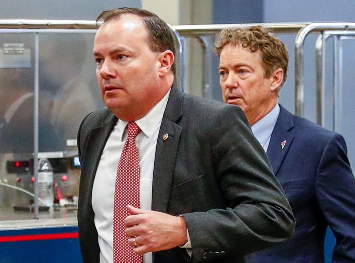 U.S. Senators' Mike Lee (R-UT) and Rand Paul (R-KY) depart via the Senate Subway following a classified national security briefing of the U.S. Senate on developments with Iran after attacks by Iran on U.S. forces in Iraq, at the U.S. Capitol in Washington