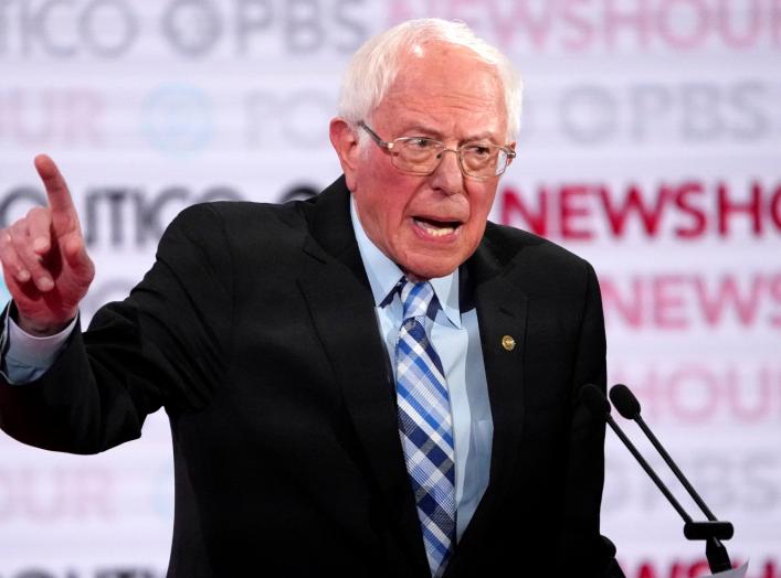 FILE PHOTO: Senator Bernie Sanders speaks during the sixth 2020 U.S. Democratic presidential candidates campaign debate at Loyola Marymount University in Los Angeles, California, U.S., December 19, 2019. REUTERS/Mike Blake/File Photo