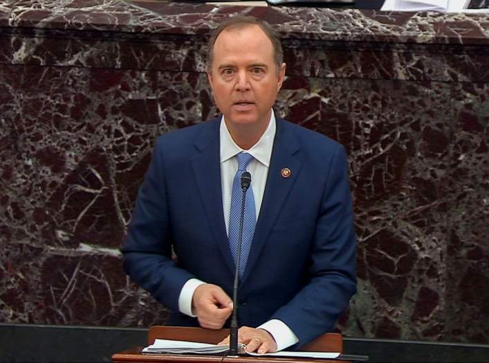 Lead manager House Intelligence Committee Chairman Adam Schiff (D-CA) speaks during opening debate at the start of the U.S. Senate impeachment trial of U.S. President Donald Trump in this frame grab from video shot in the U.S. Senate Chamber