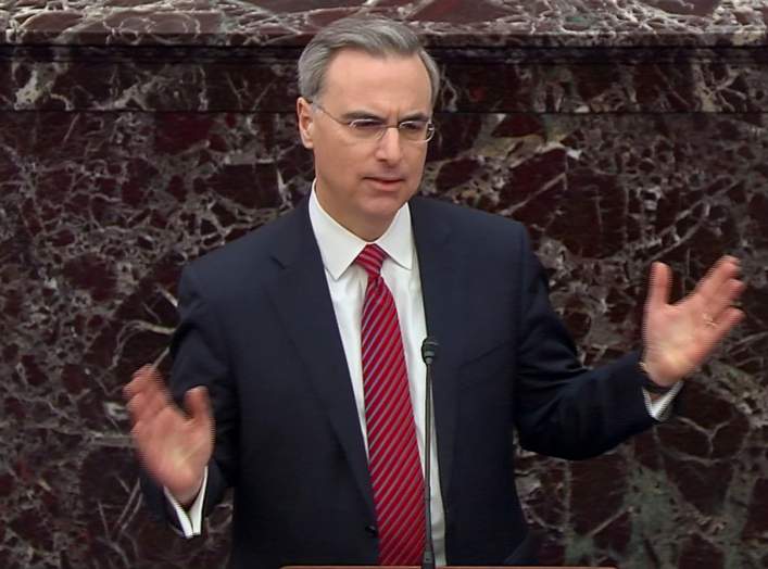 White House counsel Pat Cipollone speaks during opening arguments in the U.S. Senate impeachment trial of U.S. President Donald Trump in this frame grab from video shot in the U.S. Senate Chamber at the U.S. Capitol in Washington, U.S., January 21, 2020. 