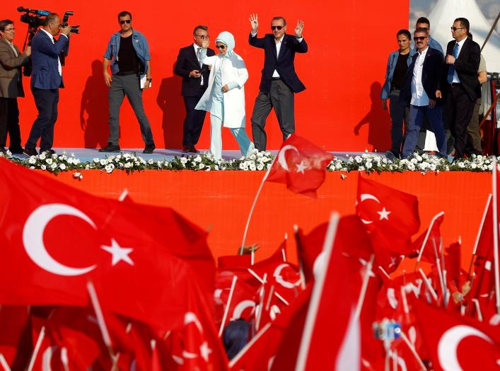 Turkish President Tayyip Erdogan and his wife Emine Erdogan attend Democracy and Martyrs Rally, organized by him and supported by ruling AK Party (AKP), oppositions Republican People's Party (CHP) and Nationalist Movement Party (MHP), to protest against l