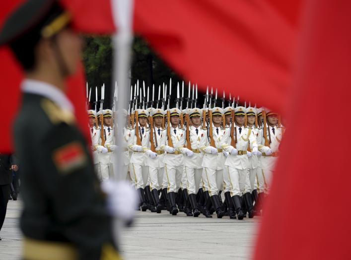 China's People Liberation Army (Navy) sailors from the honour guard march during a welcoming ceremony for Fiji's Prime Minister Josaia Voreqe Bainimarama outside the Great Hall of the People, in Beijing, July 16, 2015. REUTERS/Jason Lee