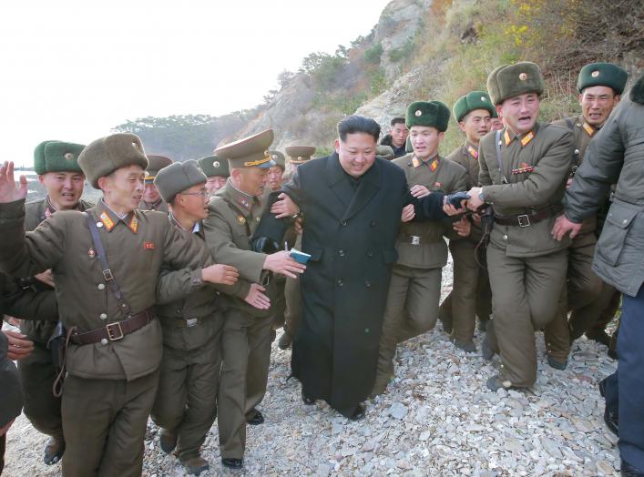 North Korean leader Kim Jong Un inspects the defence detachment on Mahap Islet in the western sector of the front in this undated photo released by North Korea's Korean Central News Agency (KCNA) in Pyongyang November 11, 2016. REUTERS/KCNA