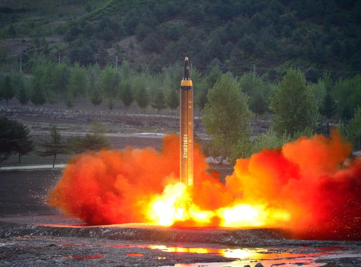 The long-range strategic ballistic rocket Hwasong-12 (Mars-12) is launched during a test in this undated photo released by North Korea's Korean Central News Agency (KCNA) on May 15, 2017. 