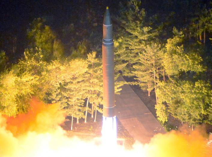 ntercontinental ballistic missile (ICBM) Hwasong-14 is pictured during its second test-fire in this undated picture provided by KCNA in Pyongyang on July 29, 2017. 