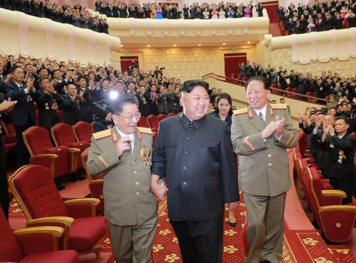 North Korean leader Kim Jong Un reacts during a celebration for nuclear scientists and engineers who contributed to a hydrogen bomb test, in this undated photo released by North Korea's Korean Central News Agency (KCNA) in Pyongyang on September 10, 2017.