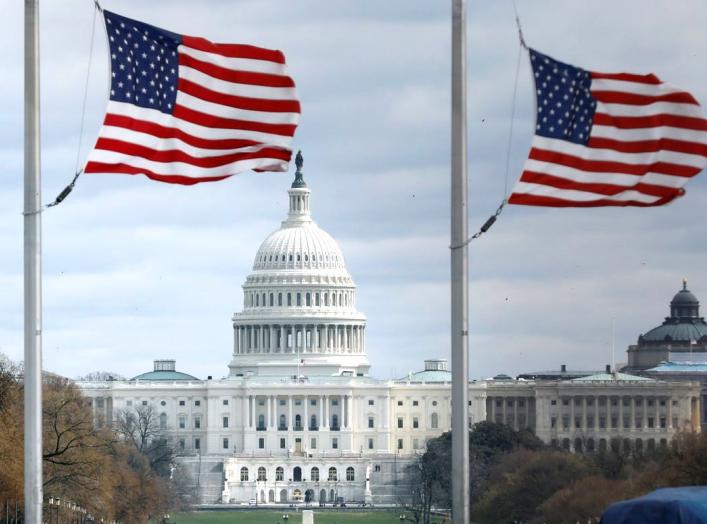 American flags fly on National Mall with U.S. Capitol on background as high-wind weather conditions continue in Washington, U.S. March 2, 2018. REUTERS/Yuri Gripas