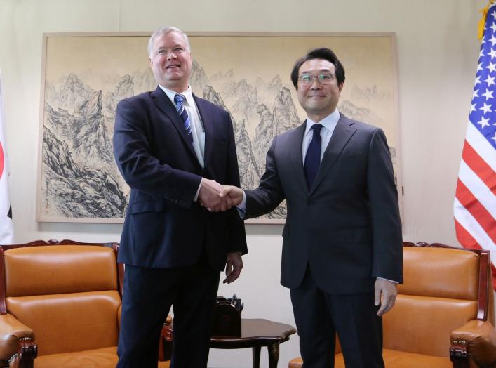 U.S. special representative for North Korea Stephen Biegun shakes hands with South Korea's Special Representative for Korean Peninsula Peace and Security Affairs Lee Do-hoon during a meeting to discuss North Korea nuclear issues at the Foreign Ministry in