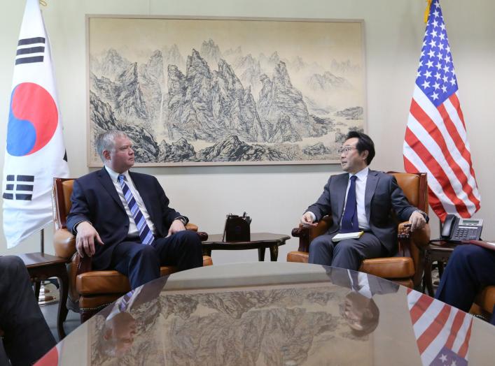 U.S. special representative for North Korea Stephen Biegun talks to South Korea's Special Representative for Korean Peninsula Peace and Security Affairs Lee Do-hoon during a meeting to discuss North Korea nuclear issues at the Foreign Ministry in Seoul, S