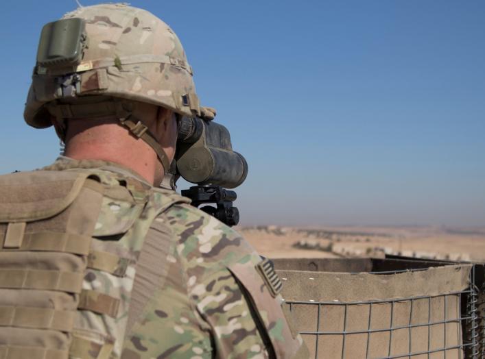 A U.S. Soldier surveils the area during a combined joint patrol in Manbij, Syria, November 1, 2018. Picture taken on November 1, 2018. Courtesy Zoe Garbarino/U.S. Army/Handout via REUTERS ATTENTION EDITORS - THIS IMAGE HAS BEEN SUPPLIED BY A THIRD PARTY.