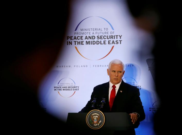 U.S. Vice President Mike Pence delivers a speech during the Middle East summit in Warsaw, Poland, February 14, 2019. REUTERS/Kacper Pempel