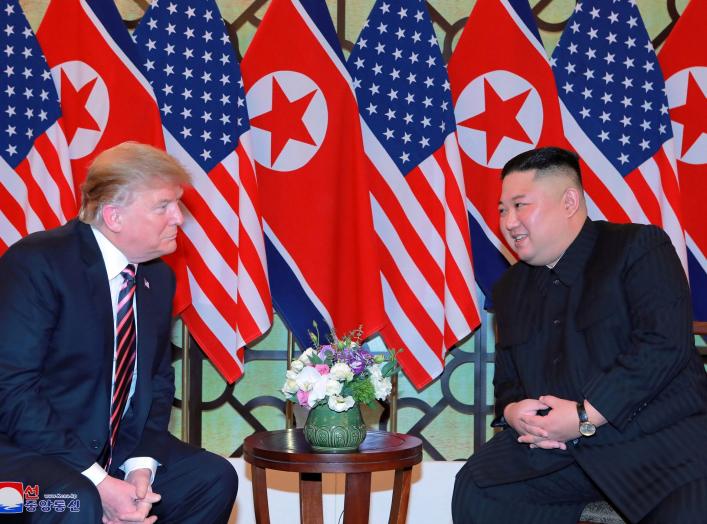 North Korea's leader Kim Jong Un and U.S. President Donald Trump speak during the second U.S.-North Korea summit in Hanoi, Vietnam, in this photo released on February 28, 2019 by North Korea's Korean Central News Agency (KCNA). KCNA via REUTERS ATTENTION 