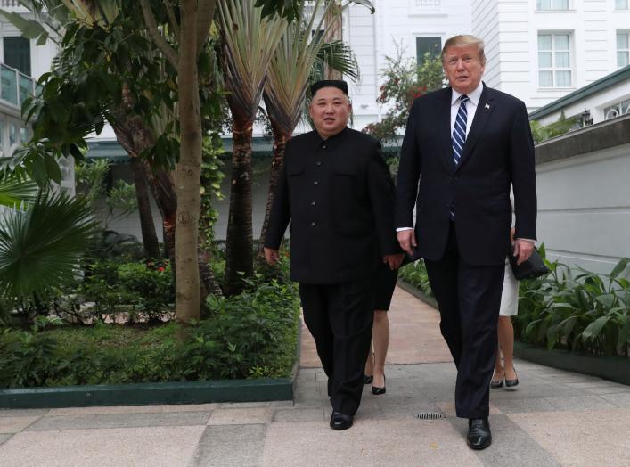 orth Korean leader Kim Jong Un and U.S. President Donald Trump walk in the garden of the Metropole hotel during the second North Korea-U.S. summit in Hanoi, Vietnam February 28, 2019. REUTERS/Leah Millis