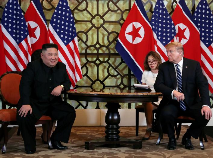 U.S. President Donald Trump looks towards North Korean leader Kim Jong Un during the one-on-one bilateral meeting at the second North Korea-U.S. summit in Hanoi, Vietnam February 28, 2019. REUTERS/Leah Millis TPX IMAGES OF THE DAY