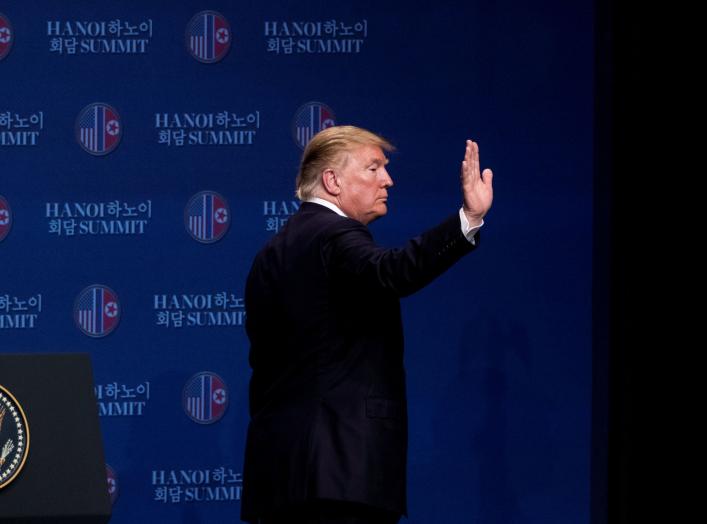 U.S. President Donald Trump waves as he leaves a news conference at the JW Marriott Hanoi, following talks with North Korean leader Kim Jong Un in Hanoi, Vietnam, February 28, 2019. Andrew Harnik/Pool via REUTERS