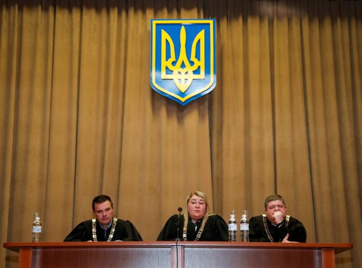 Judges attend a court hearing on appeal to annul comedian Volodymyr Zelenskiy's registration as presidential candidate in upcoming election in Kiev, Ukraine April 20, 2019. REUTERS/Vasily Fedosenko