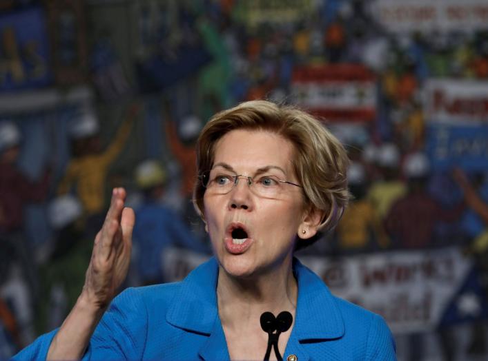 FILE PHOTO: Democratic U.S. presidential candidate Senator Elizabeth Warren (D-MA) speaks at the North America's Building Trades Unions (NABTU) 2019 legislative conference in Washington, U.S., April 10, 2019. To match Special Report USA-HOUSING/BILL REUTE