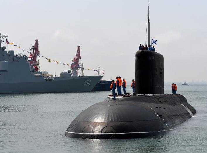 A Russian Navy's submarine arrives for the Chinese-Russian joint naval exercise at Dagang port, in Qingdao, Shandong province, China April 29, 2019. Picture taken April 29, 2019. REUTERS/Stringer 