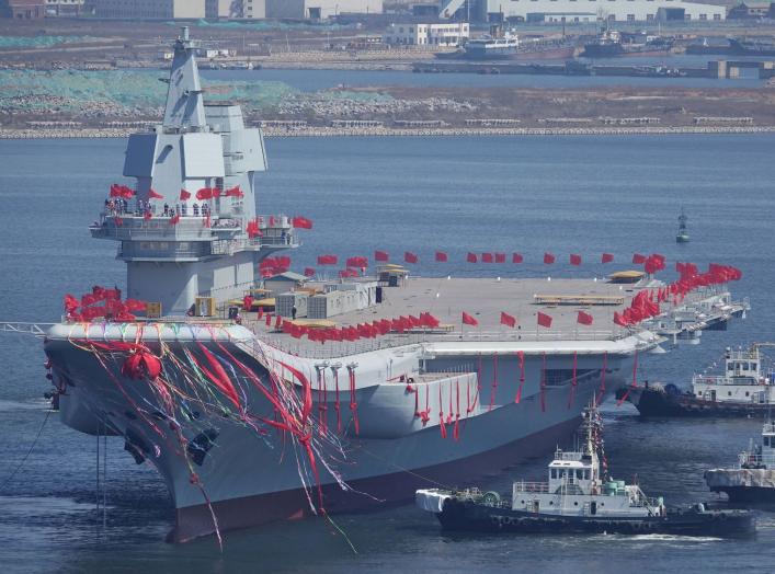 FILE PHOTO - China's first domestically built aircraft carrier is seen during its launch ceremony in Dalian, Liaoning province, China, April 26, 2017. To match Special Report CHINA-ARMY/NAVY REUTERS/Stringer/File Photo ATTENTION EDITORS - THIS IMAGE WAS P