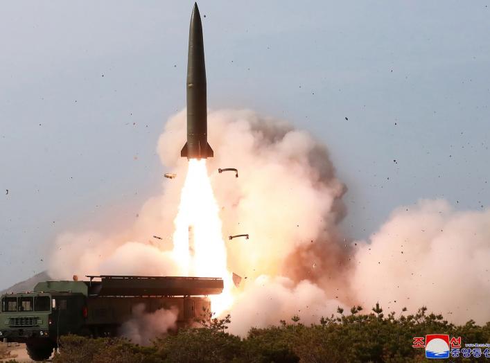 North Korean military conducts a "strike drill" for multiple launchers and tactical guided weapon into the East Sea during a military drill in North Korea, in this May 4, 2019 photo supplied by the Korean Central News Agency (KCNA). 