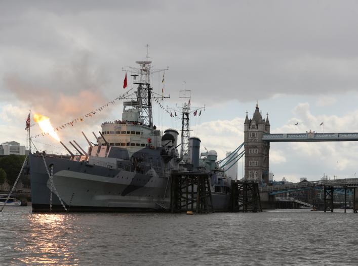 A British battleship that survived World War Two, the HMS Belfast, recreates the moment the first guns were fired in Normandy on June 6, 1944, marking the 75th anniversary of D-Day, in London, Britain June 6, 2019. REUTERS/Simon Dawson