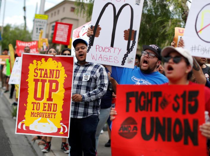 Striking McDonalds workers demanding a $15 minimum wage demonstrate in Las Vegas, Nevada U.S., June 14, 2019. REUTERS/Mike Segar