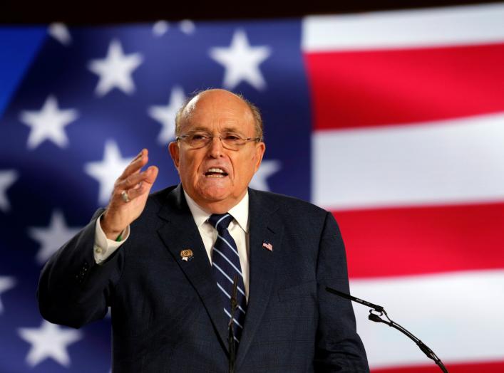 Rudy Giuliani, former Mayor of New York City, speaks at an event in Ashraf-3 camp, which is a base for the People's Mojahedin Organization of Iran (MEK) in Manza, Albania, July 13, 2019.REUTERS/Florion Goga