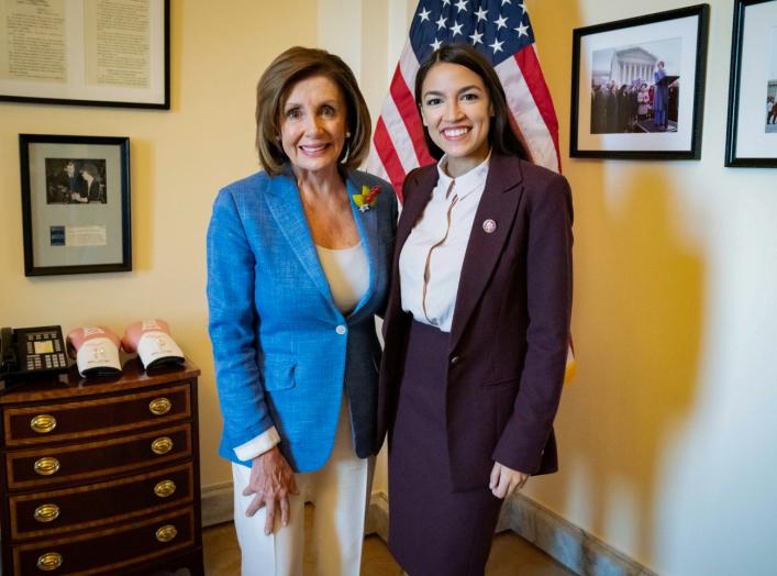 U.S. Speaker of the House Nancy Pelosi (D-CA) poses with Rep. Alexandria Ocasio-Cortez (D-NY) in a photo released by her office after they met in the Speaker's office at the U.S. Capitol in Washington, U.S. July 26, 2019. Office of House Speaker Nancy Pel