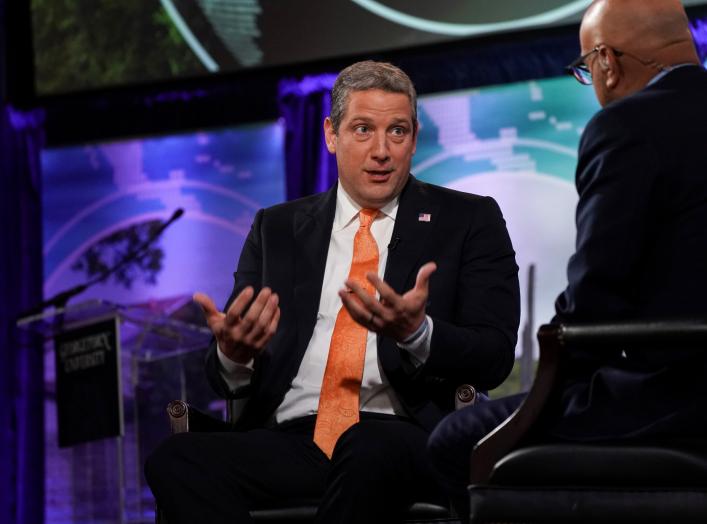 2020 Democratic presidential candidate Rep. Tim Ryan (D-OH) and MSNBC's Ali Velshi participate in the "Climate Forum 2020," at Georgetown University's Gaston Hall in Washington, U.S., September 19, 2019. REUTERS/Sarah Silbiger