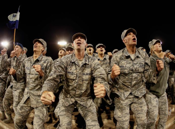 Sep 27, 2019; Colorado Springs, CO, USA; United States Air Force Academy cadets cheer during a kickoff in the second quarter against the San Jose State Spartans at Falcon Stadium. 